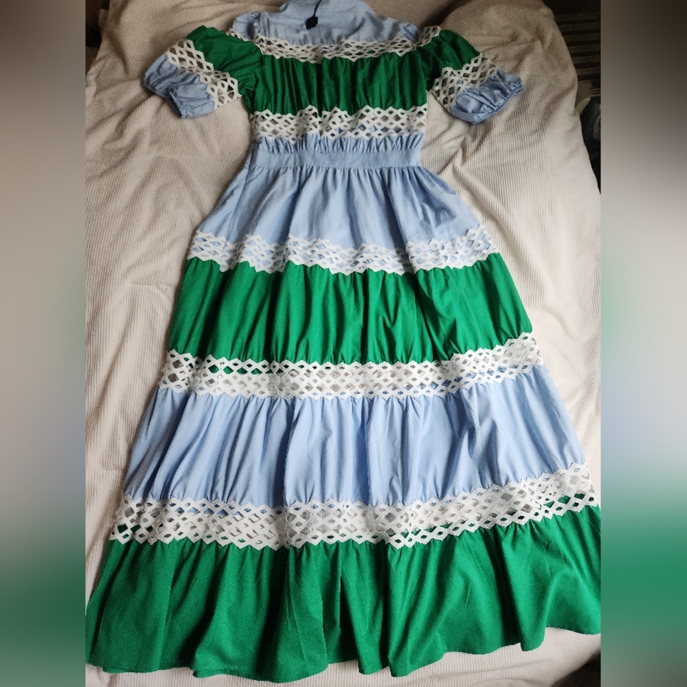 Dolce Squa BLUE & GREEN COLOR BLOCK MAXI WITH WHITE TRIMMINGSsz L - Picture 12 of 15
